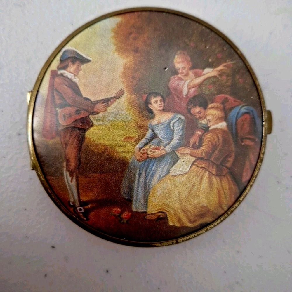 Vintage Compact Makeup Mirror Double-Sided Victorian Scene 3" SEE‎ DESCRIPTION
